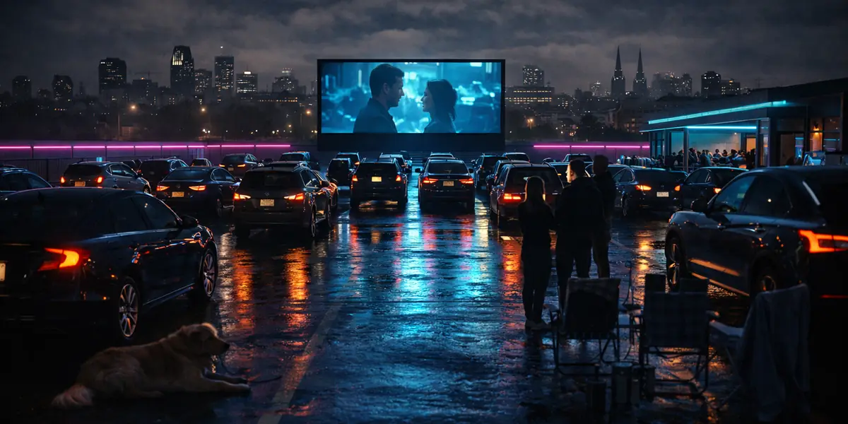 Drive-in movie screen lit up at night near Montreal